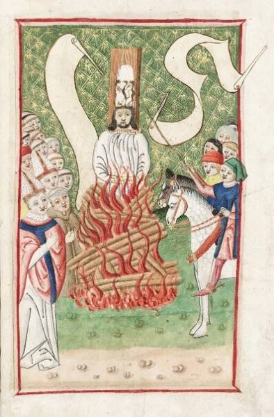 FOTO: Jan Hus na hranici, jak ho ztvárnil Janíček Zmilelý z Písku v tzv. Jena codexu (cca rok 1500). – stránka 2