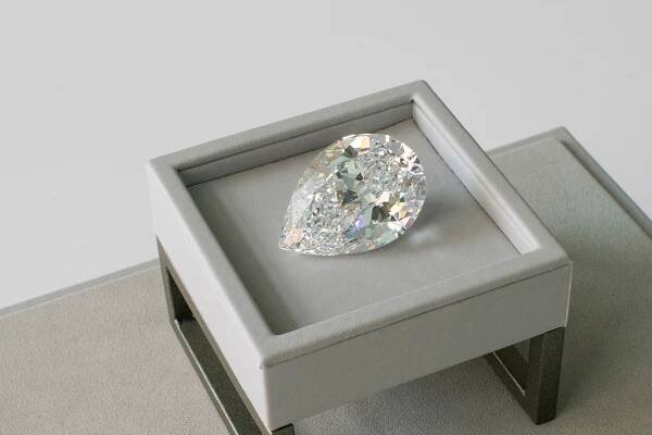 A rare pear-shaped D colour flawless 100+ carat diamond is seen at Sotheby's in New York City