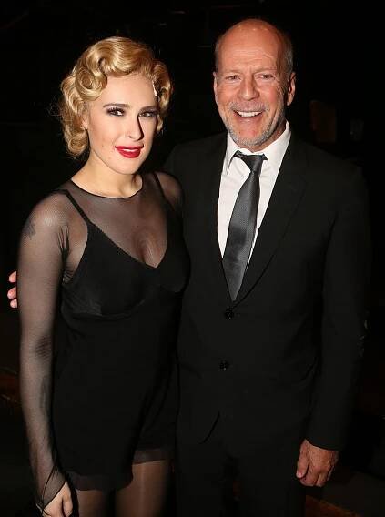 Rumer Willis and father Bruce Willis pose backstage as Rumer makes her broadway debut as 
