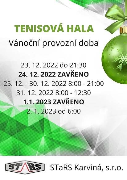 Vánoční provozní doba TENISOVÉ HALY | Novinka | STaRS Karviná, s.r.o. - Váš partner pro volný čas