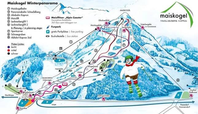 Kaprun - Maiskogel - lyžařská mapa, skimapa sjezdovek a lanovek, zimní panorama ski areálu