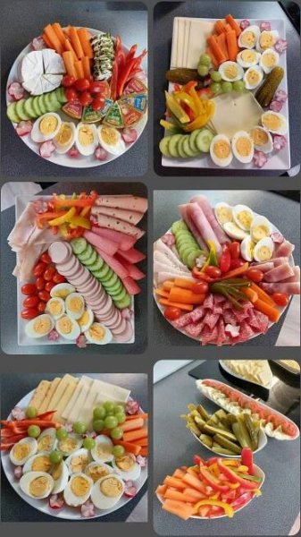 several pictures of different types of food arranged in the shape of an egg, carrots, cucumbers, and other vegetables