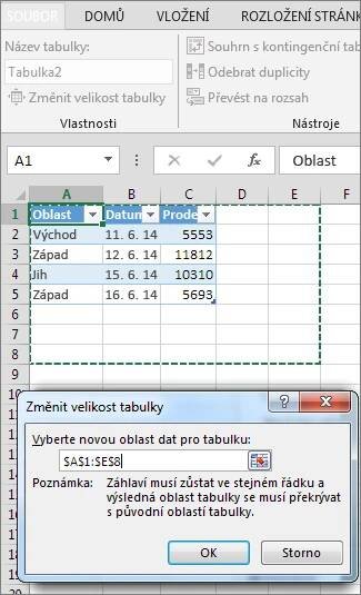Změna velikosti tabulky