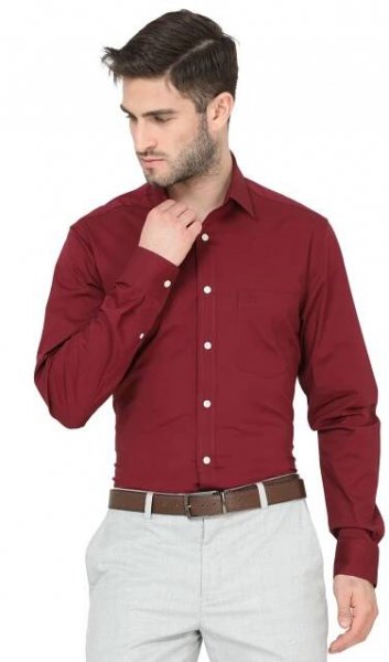 ALDENO Men's Solid Maroon Satin Stretch Slim Fit Formal Shirt - Image 2