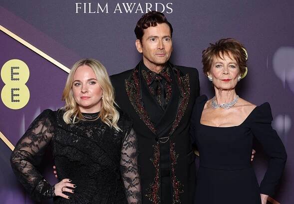LONDON, ENGLAND - FEBRUARY 16: (L-R) Georgia Tennant, David Tennant and Celia Imrie attend the EE BAFTA Film Awards 2025 at The Royal Festival Hall on February 16, 2025 in London, England. (Photo by Pascal Le Segretain/Getty Images)