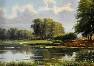 Krajina s jezerem - Mimořádně krásná olejomalba - precizně malovaná ! - Umění