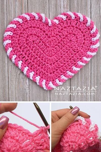 the crochet heart is being worked on