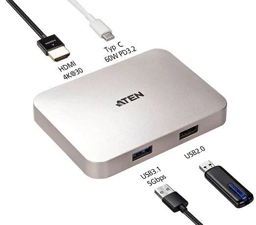 Aten Multiport adaptér USB C(M) -> HDMI A(F) (4K@30Hz), USB 3.0 A + USB 2.0 A, 2x USB C, PD (UH3235)