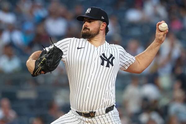 Carlos Rodón #55 pitching for the New York Yankees.Carlos Rodon starts Tuesday.