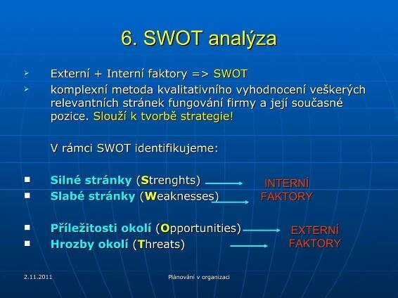 6. SWOT analýza Externí + Interní faktory  =>   SWOT komplexní metoda kvalitativního vyhodnocení veškerých relevantních stránek fungování firmy a její současné pozice.  Slouží k tvorbě strategie! V rámci SWOT identifikujeme: Silné stránky  ( S trenghts) Slabé stránky  ( W eaknesses) Příležitosti okolí  ( O pportunities) Hrozby okolí  ( T hreats) 2.11.2011 Plánování v organizaci INTERNÍ FAKTORY EXTERNÍ FAKTORY 