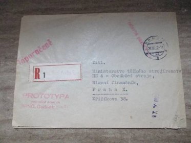 R- dopis, provizorní vlaková nálepka Praha, razítko Brno