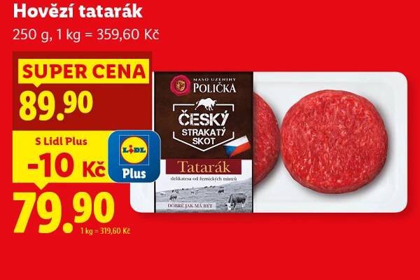 Balení hovězího tataráku značky Polička s cenou 89,90 Kč, s Lidl Plus za 79,90 Kč.