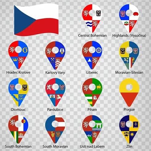 Čtrnáct vlajek krajů České republiky - abecední pořadí s názvem. Soubor 2d geolokačních značek jako jsou vlajky Regiony České republiky. Čtrnáct 2d geolokačních značek pro váš design. EPS10 — Ilustrace