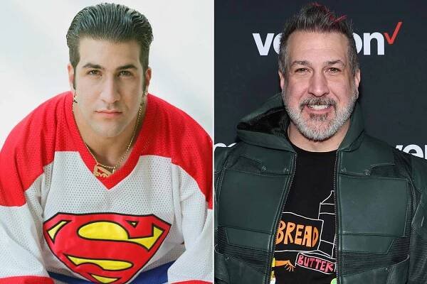 Joey Fatone in London in August 1997; Joey Fatone attends Max: Behind the Scenes with Place Your Bets on ‘Hacks’ at Verizon Live at Super Bowl LVIII on Feb. 9, 2024, in Las Vegas