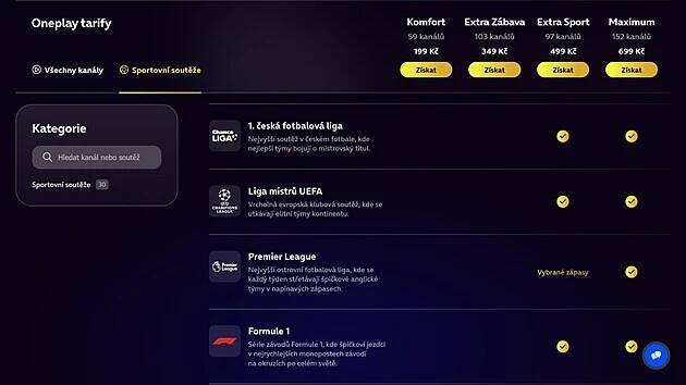 Nabídka sportovního obsahu OnePlay