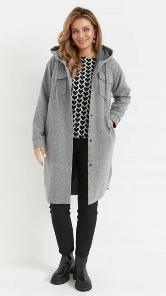 Dámský podzimní kabát S Kapucí Vlněný Plus Size Polský Výrobce Model Alpi Moda P-300-05