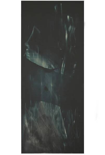   No Doubt Created by Some Vain and Secret Art from the Empty Simulcra of Things.  Silver nanoparticles and graphite on glass. 36 x 16 inches, 2017. 