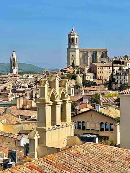 View of the roof tops of an Old Town with a church and a cathedral dominating the skyline.