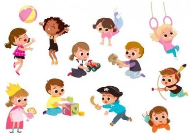 Nastavit skupinu vektorové roztomilé děti dětské postavy hrát, dělat aktivity v různých pozicích.Children skok, pohyb, baví v jemné náladě, hrát, poflakovat se s různými emocemi. — Ilustrace