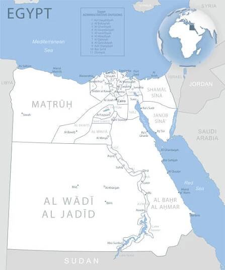 modrošedá podrobná mapa egyptských administrativních divizí a umístění na světě. - alexandrie stock ilustrace