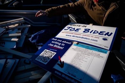 PHOTO: Campaign signs during a Write-In Joe Biden campaign "Get Out The Vote" event in Dover, N.H., on Jan. 21, 2024. 