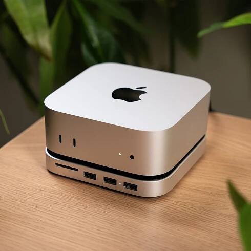 Satechi Mac Mini M4 Stand & Hub with SSD Enclosure on desk next to a houseplant.