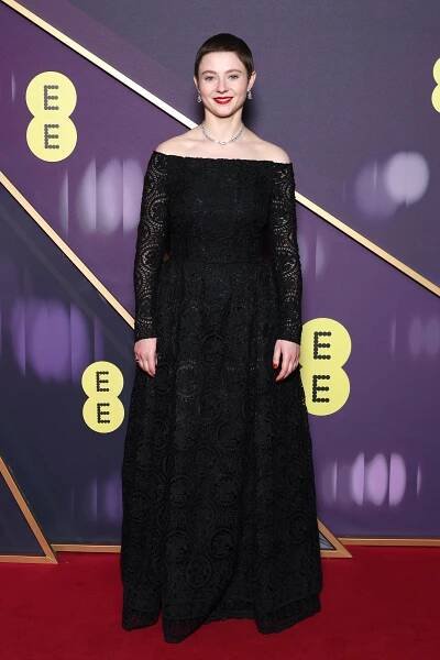 Thomasin McKenzie attending the 2025 EE BAFTA Film Awards at The Royal Festival Hall in London, England.