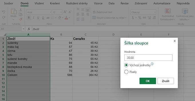 Tabulka v Excelu s úpravou sloupců a řádků