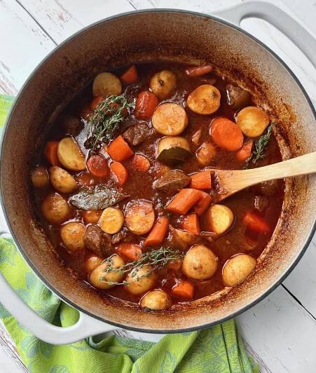 Dutch Oven Irish Stew after coming out of the oven.