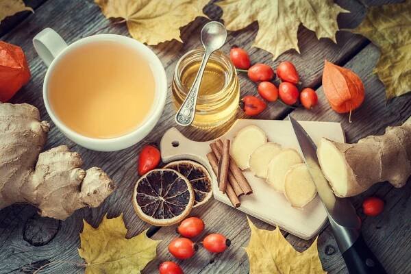 Zdravé zázvorový čaj, sklenice medu, kořen zázvoru, sušené citronové řezy — Stock obrázek