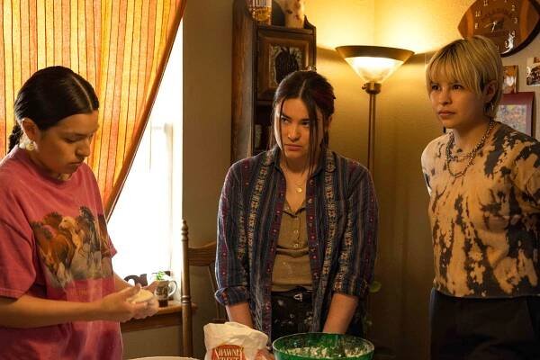 Paulina Alexis as Willie Jack, Devery Jacobs as Elora Danan,  Elva Guerra as Jackie on 'Reservation Dogs'
