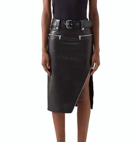 Solid Black Zipper Detailed Women Midi Leather Skirt