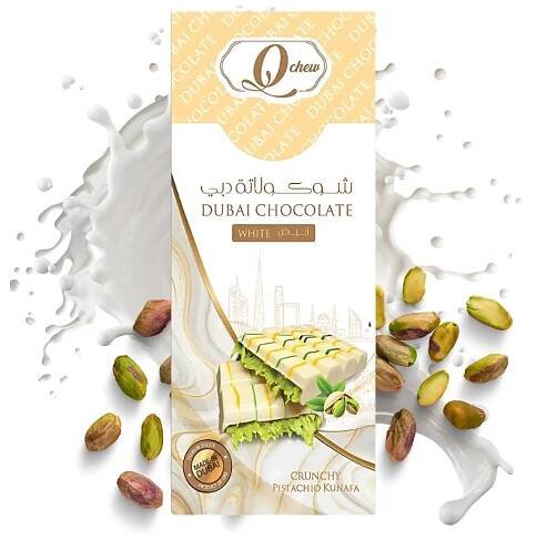 QChew Dubai White Chocolate Crunchy Pistachio Kunafa 160g UAE Dubajská čokoláda