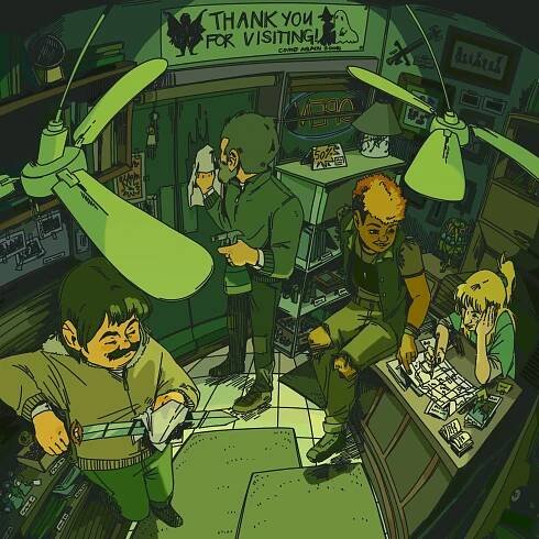 ID: art of the Pine Guard, plus Dani, in the Cryptonomica from TAZ Amnesty. The room is cluttered with cryptid merch, and seen from overhead, with dim green lighting. Aubrey's sitting at a desk, grinning and pointing out something to Dani as Dani draws on a map. Aubrey has brown skin and orange hair, while Dani is pale and blond, and is smiling back at Aubrey. Duck is light skinned with a mustache, and he leans on a shelf, polishing Beacon with a cloth. Ned is light skinned with a gray beard, and he's dusting off the door. End ID. (ID credit/thanks! @anistarrose)