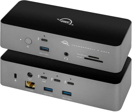 Two OWC Thunderbolt 5 Docks showing front and back
