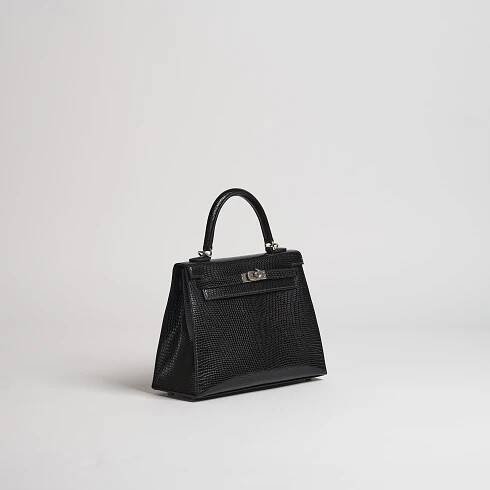 Hermès 25cm Kelly Sellier black lizard palladium hardware