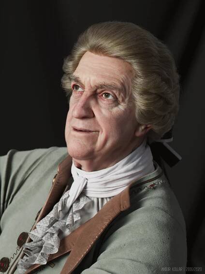 3d artwork of Andor Kollar in Maya with Arnold renderer, head, XGen hair, Jonathan Pryce as aristocrat with 18th costume, laces, scarf, wig and bow