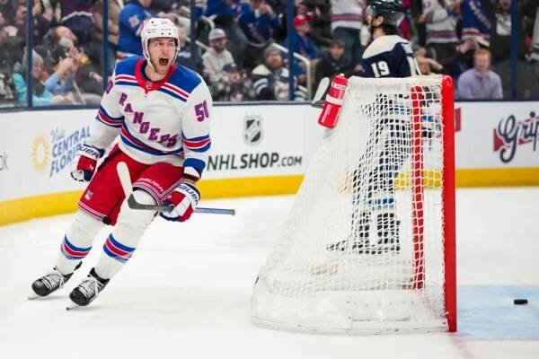 Will Cuylle celebrates after scoring the game-winning goal in the Rangers' 4-3 win over the Blue Jackets on Feb. 8, 2025.