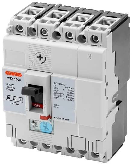 msx 160c – kompaktní výkonové jističe – nastavitelná tepelná a pevná magnetická spoušť – 16 ka 3p+n 25 a 525 v