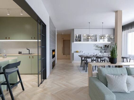 rekonstrukce rodinného domu, rekonstrukce podkroví, zateplení krovu, návrh interiéru, kuchyně na míru, krb, krb v interiéru, balkon, architekt brno