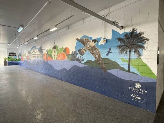 Pasadena Public Art Mural in Parking Garage at Pasadena Towers — Greetings Tour - The Original Postcard Mural Artists