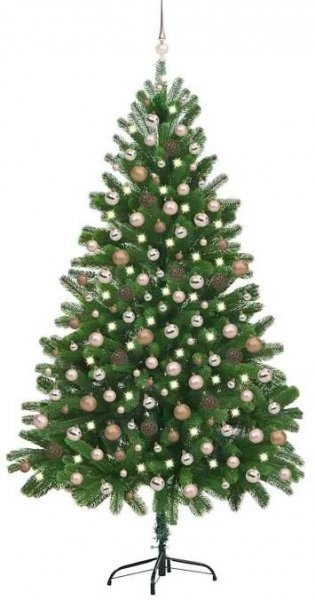 Umělý vánoční stromek s LED a sadou koulí 210 cm zelený Zelená3077642