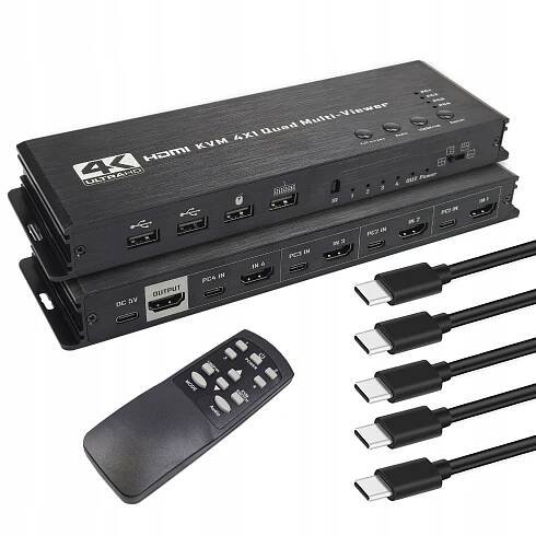 Přepínač KVM 4x1 HDMI USB-C Multiviewer 1080p/4K pro 4 zdroje obrazu