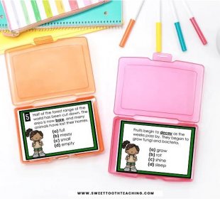 Colorful task card boxes laid on a flat surface with colored markers and notebooks in the top corners. Task cards featuring vocabulary questions featuring multiple choices.