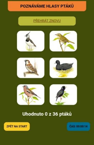 Poznávání hlasů, hra přehraje zvuk a je nutné kliknout na správného ptáka