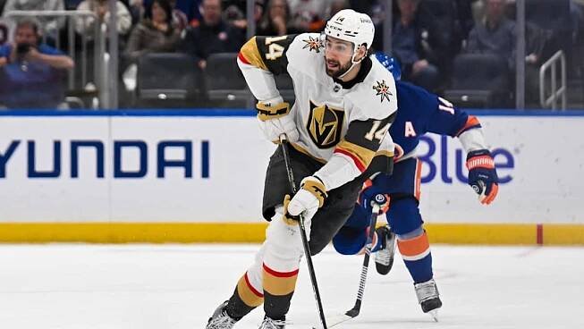 Feb 4, 2025; Elmont, New York, USA;  Vegas Golden Knights defenseman Nicolas Hague (14) skates with the puck against the New York Islanders during the third period at UBS Arena. Mandatory Credit: Dennis Schneidler-Imagn Images