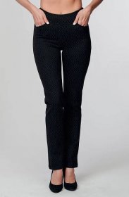 Elegantní rovné černé dlouhé dámské kalhoty s bílými tečkami 385
