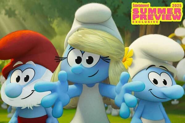 Papa Smurf (John Goodman), Smurfette (Rihanna) and Vanity Smurf (Maya Erskine) in Smurfs