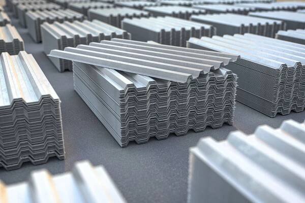 Hromádky kovových vlnitých plechů, ocelových pozinkovaných nebo pozinkovaných profilových plechů pro střešní konstrukce. 3D ilustrace — Stock obrázek