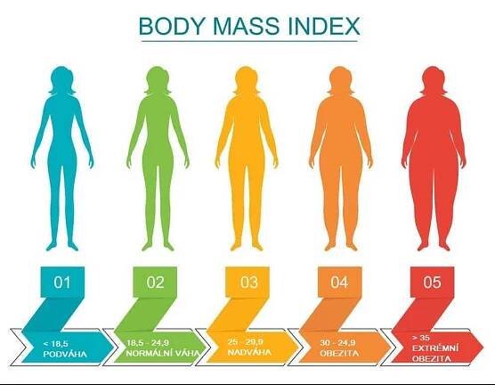 Ukázka, kdy má člověk podváhu, nadváhu a obezitu podle BMI